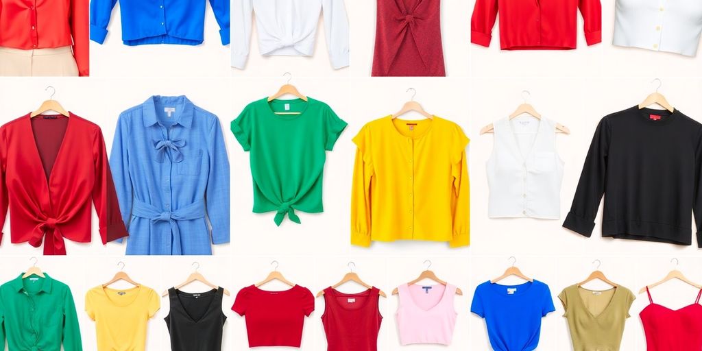 Mooi assortiment dames topjes in verschillende stijlen en kleuren.