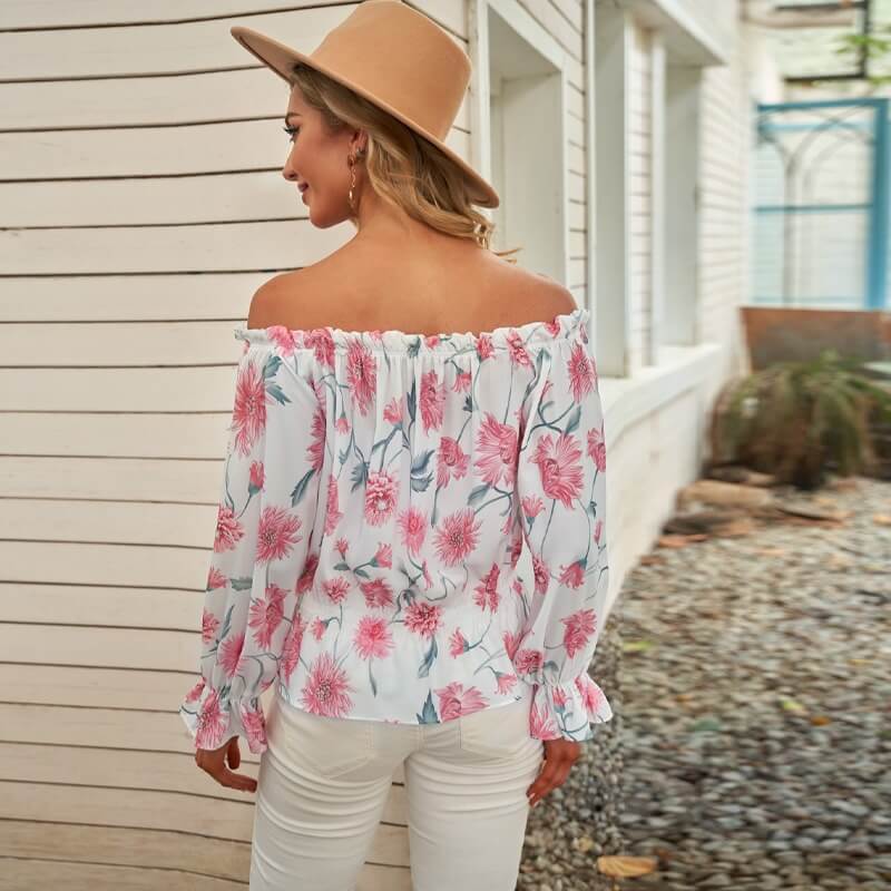 Gebloemde dames chiffon blouse met ruches mouwen – Elvira