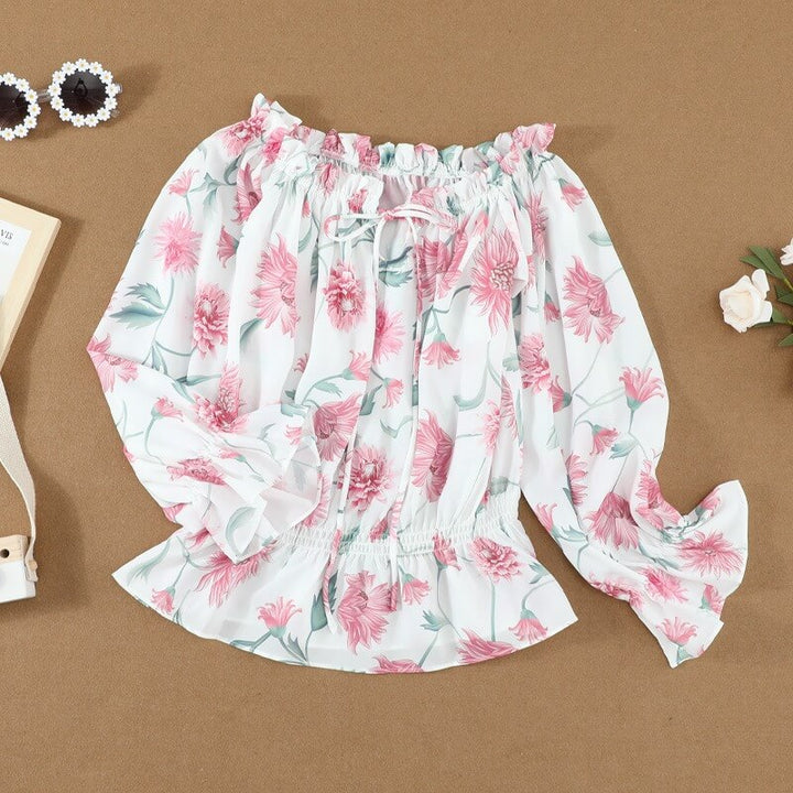 Gebloemde dames chiffon blouse met ruches mouwen – Elvira