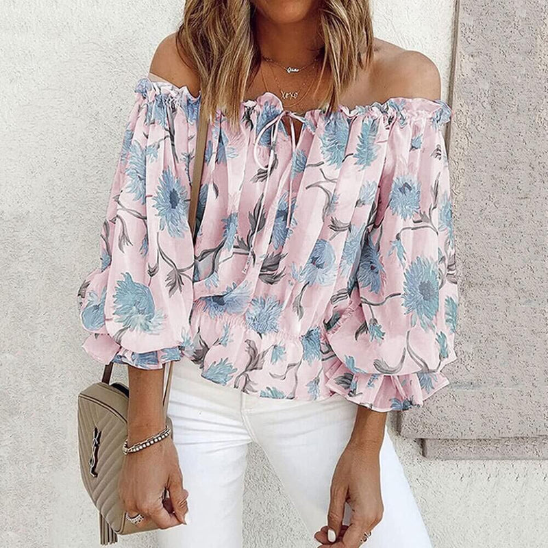 Gebloemde dames chiffon blouse met ruches mouwen – Elvira