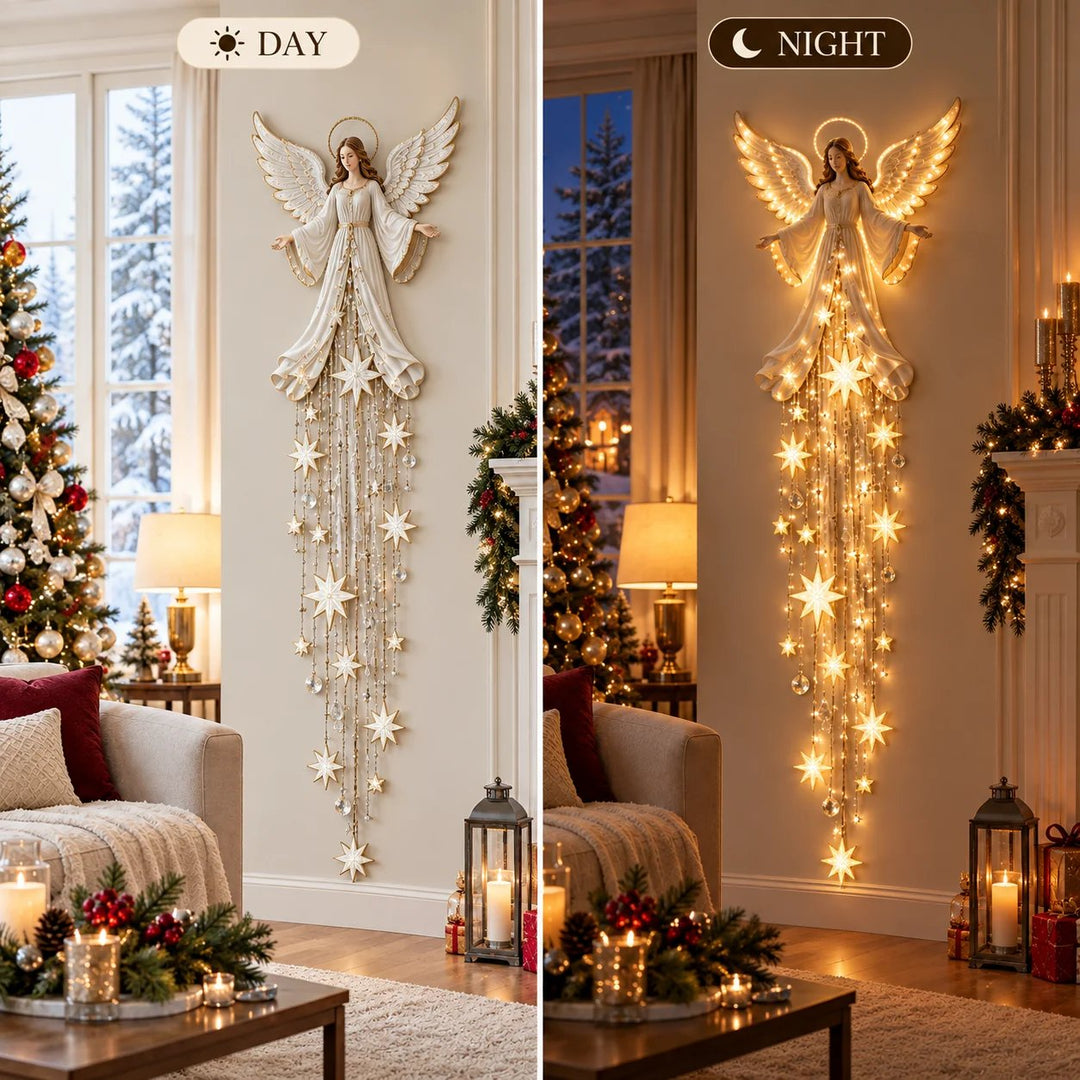 Naast elkaar de engelwandlamp overdag uitgeschakeld en 's nachts warm wit oplichtend in dezelfde woonkamer. 6