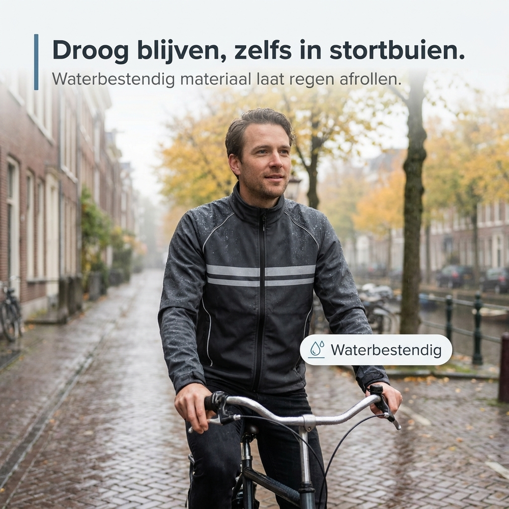 Fietser in grijze jas met reflecterende strepen rijdt in de regen door een Nederlandse gracht, waterdruppels op de stof. 2