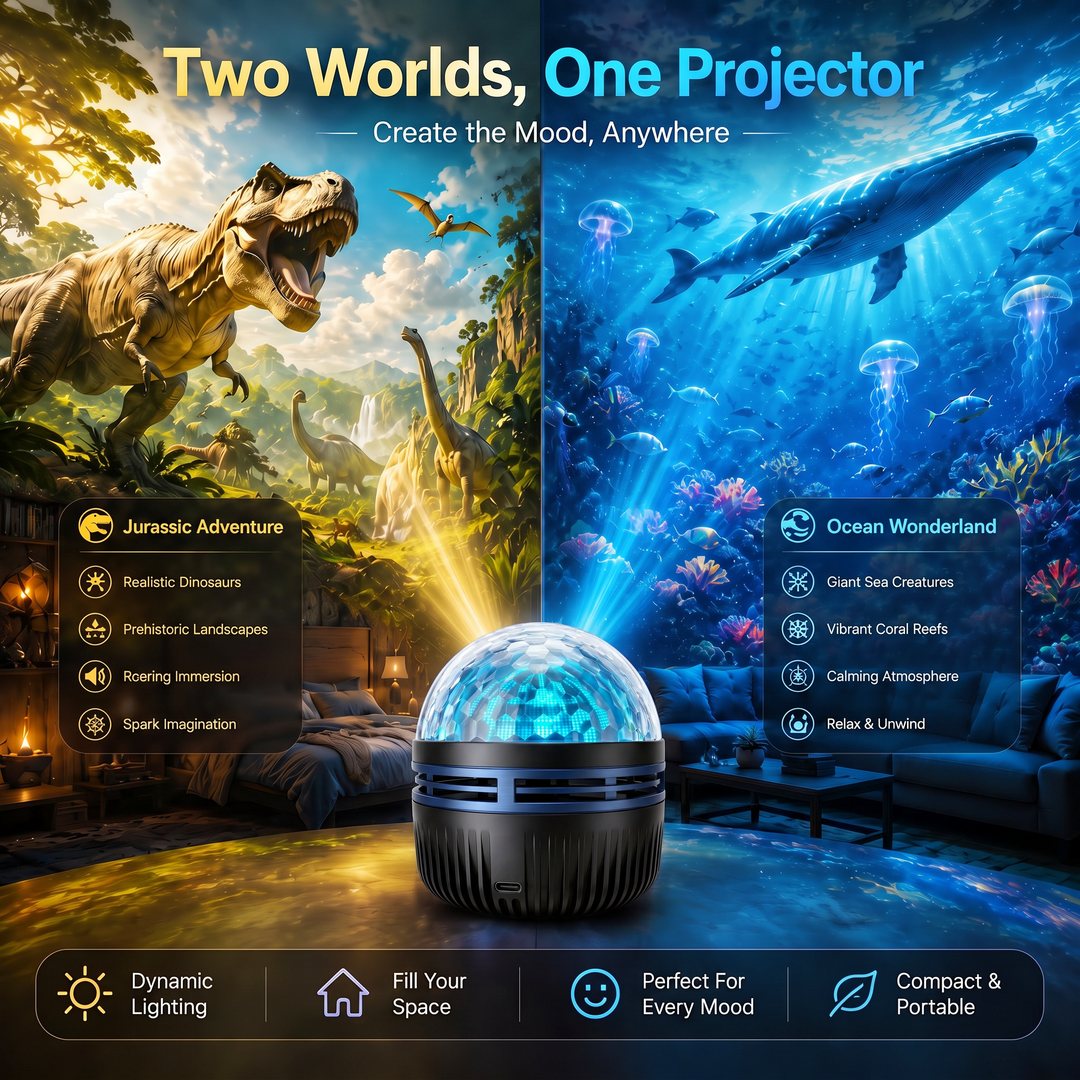 Projector in het midden, links een zonnig dinosaurusdecor en rechts een blauwe onderwaterwereld met walvis en kwallen. 5