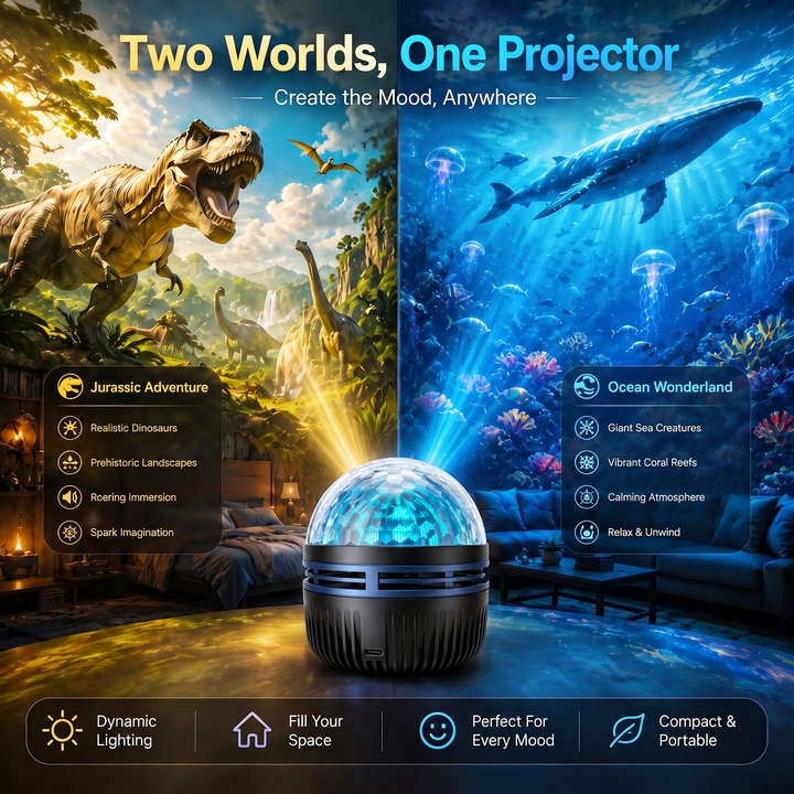 Projector in het midden, links een zonnig dinosaurusdecor en rechts een blauwe onderwaterwereld met walvis en kwallen. 5