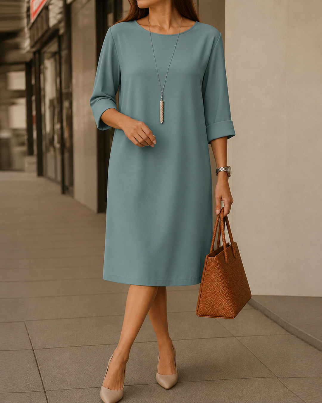 Grijsgroene jurk met omgeslagen mouwen, gedragen op straat met bruine handtas en beige pumps 5