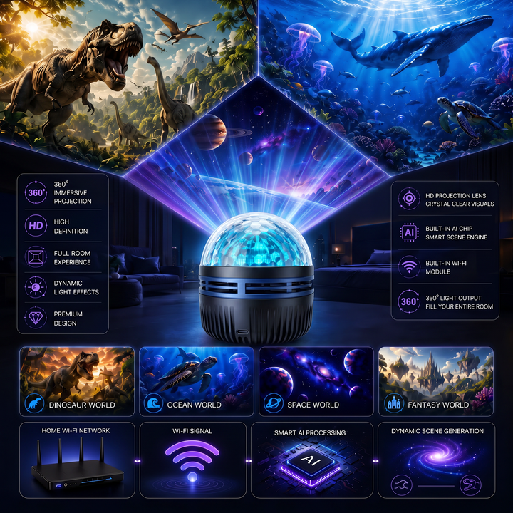 Projector die lichtbundels uitstraalt, met vier thema's eronder: dinosaurus, oceaan, ruimte en fantasie, plus uitleg over wifi en slimme verwerking. 6