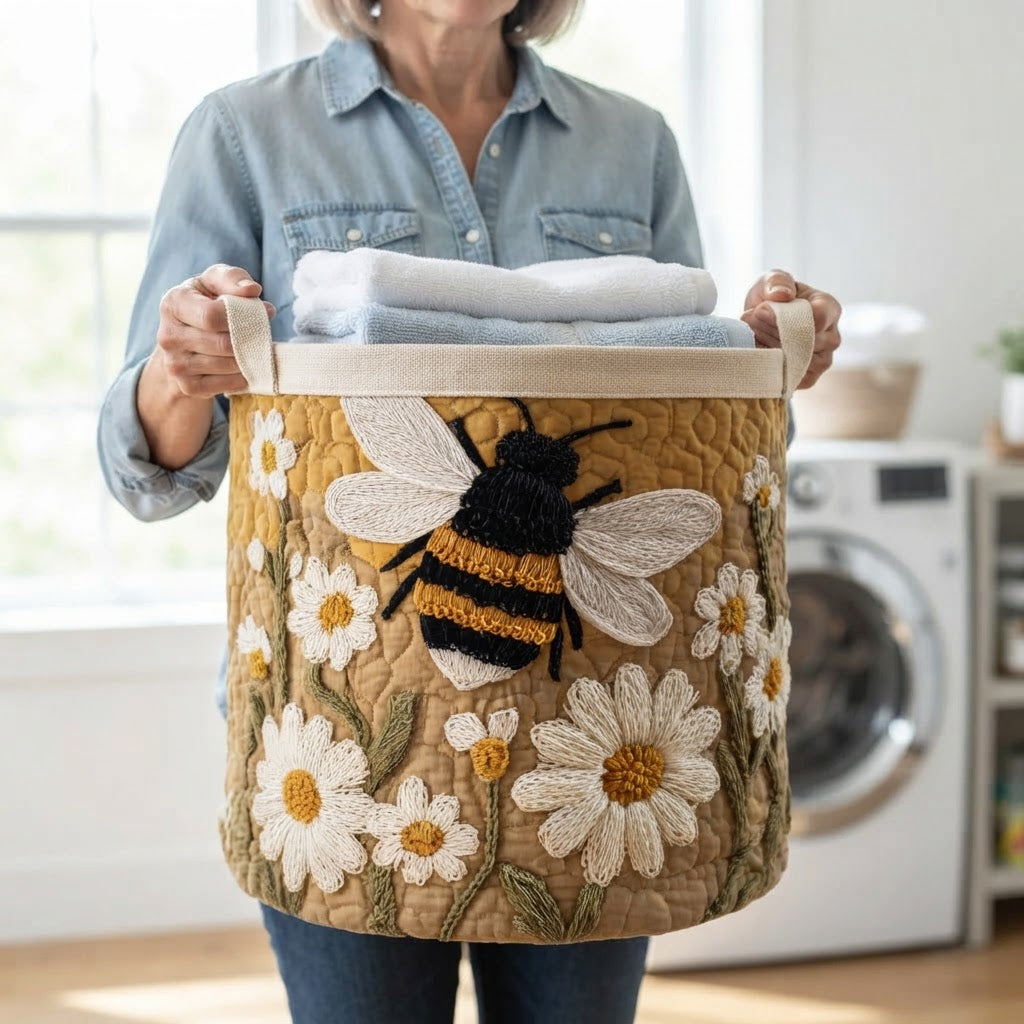 Vrouw in spijkerblouse draagt de mand met handdoeken aan de canvas handgrepen, met een wasmachine op de achtergrond. 5