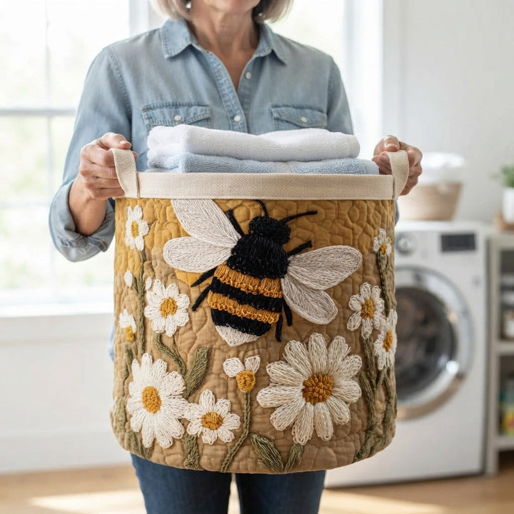 Vrouw in spijkerblouse draagt de mand met handdoeken aan de canvas handgrepen, met een wasmachine op de achtergrond. 5