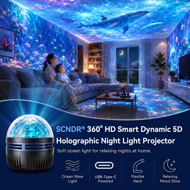 Moeder en kind op de bank onder een plafond met projectie van walvissen en koraal, met de koepelprojector linksonder. 7