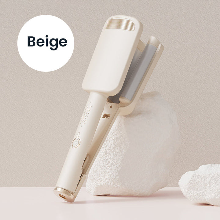 Beige golfijzer schuin tegen een wit decorblok, met de grijze golfplaten zichtbaar 10