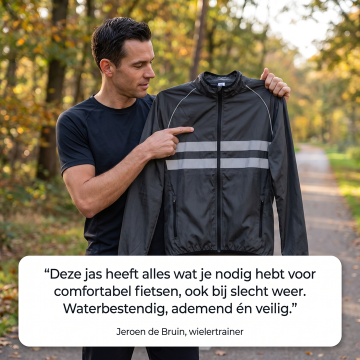 Man in zwart shirt houdt de zwarte jas met reflecterende strepen omhoog en wijst ernaar, in een herfstbos. 6