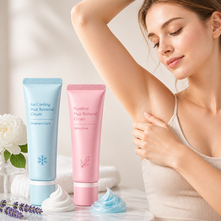 Vrouw met opgeheven arm bij een lichtblauwe en een roze tube, met twee klodders crème en lavendel op een marmeren tafel. 1