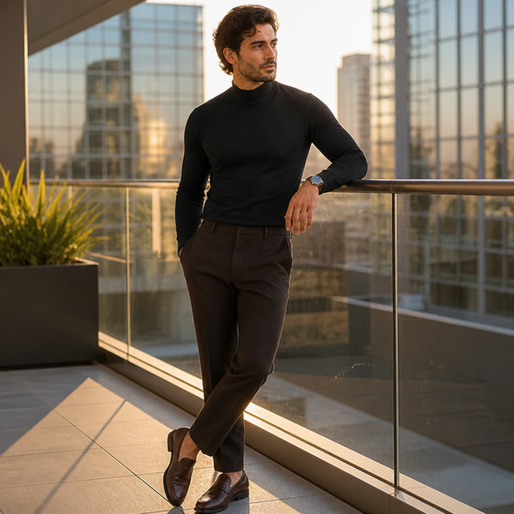 Man leunt tegen een glazen balustrade op een terras in zwart shirt met hoge kraag, donkere pantalon en bruine loafers. 1