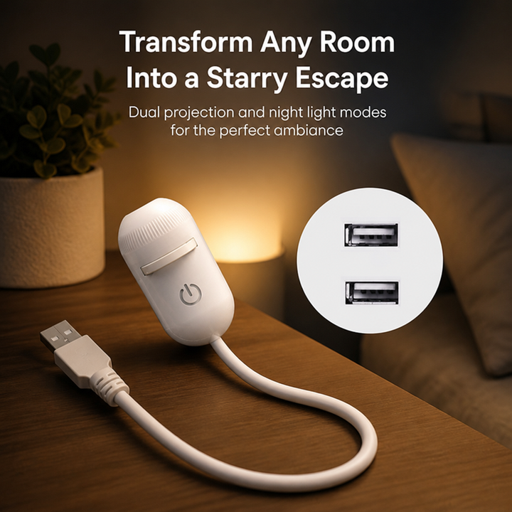 Witte capsulevormige projector met aan-uitknop en USB-kabel op een houten nachtkastje, met een inzet van twee USB-poorten en een warm lichtje op de achtergrond. 1
