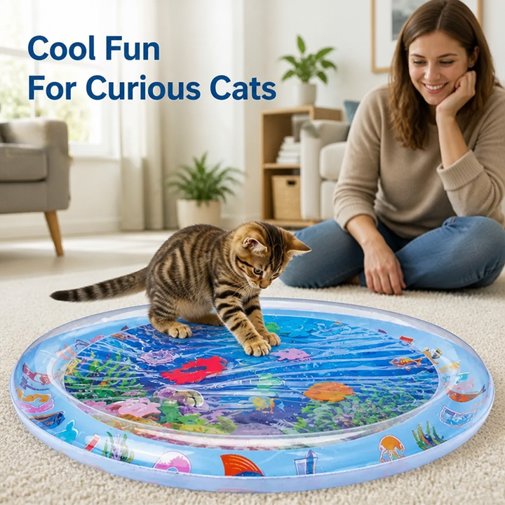 Rond opblaasbaar waterspeelkleed met zeedieren-print op een tapijt, waarop een cyperse kitten speelt terwijl een lachende vrouw toekijkt. 1