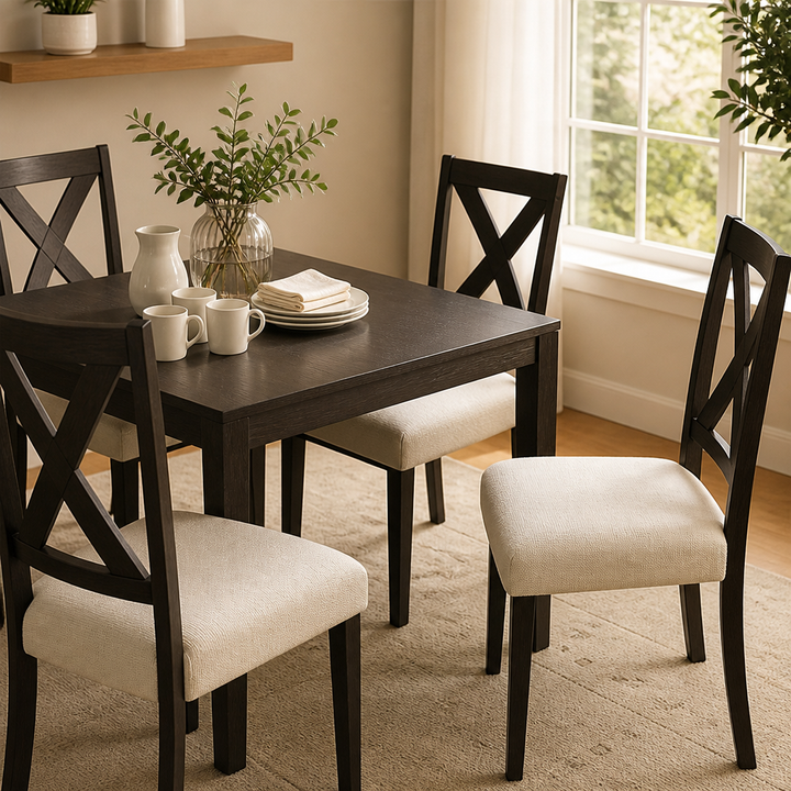 Donkere eettafel met vier stoelen met kruisrug en crèmekleurige gestoffeerde zittingen, met servies en een vaas met takken erop. 1