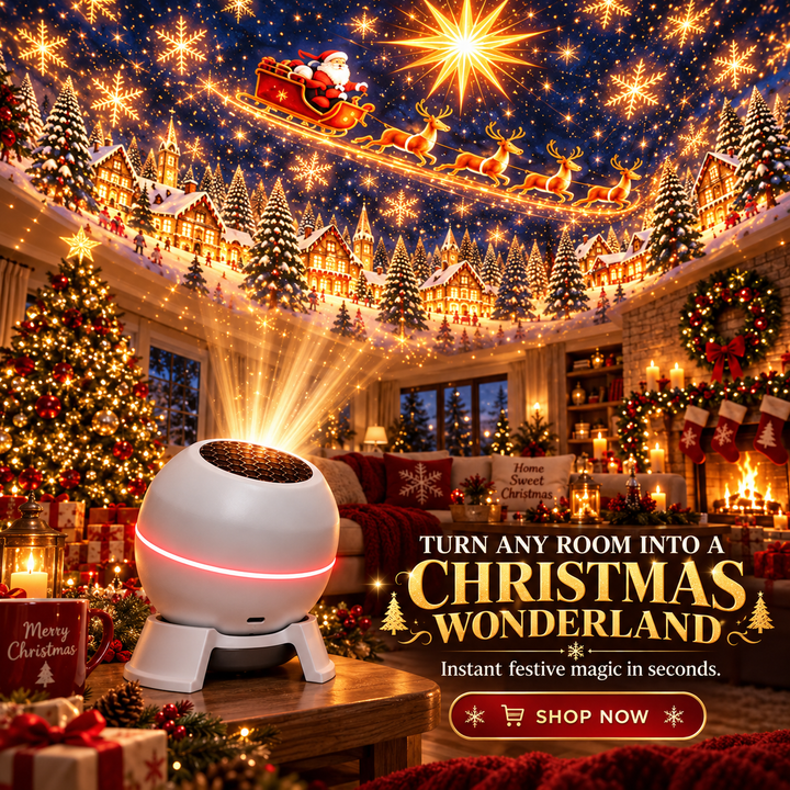 Witte bolvormige projector op een salontafel projecteert een kerstdorp met slee en rendieren op het plafond van een versierde woonkamer. 1