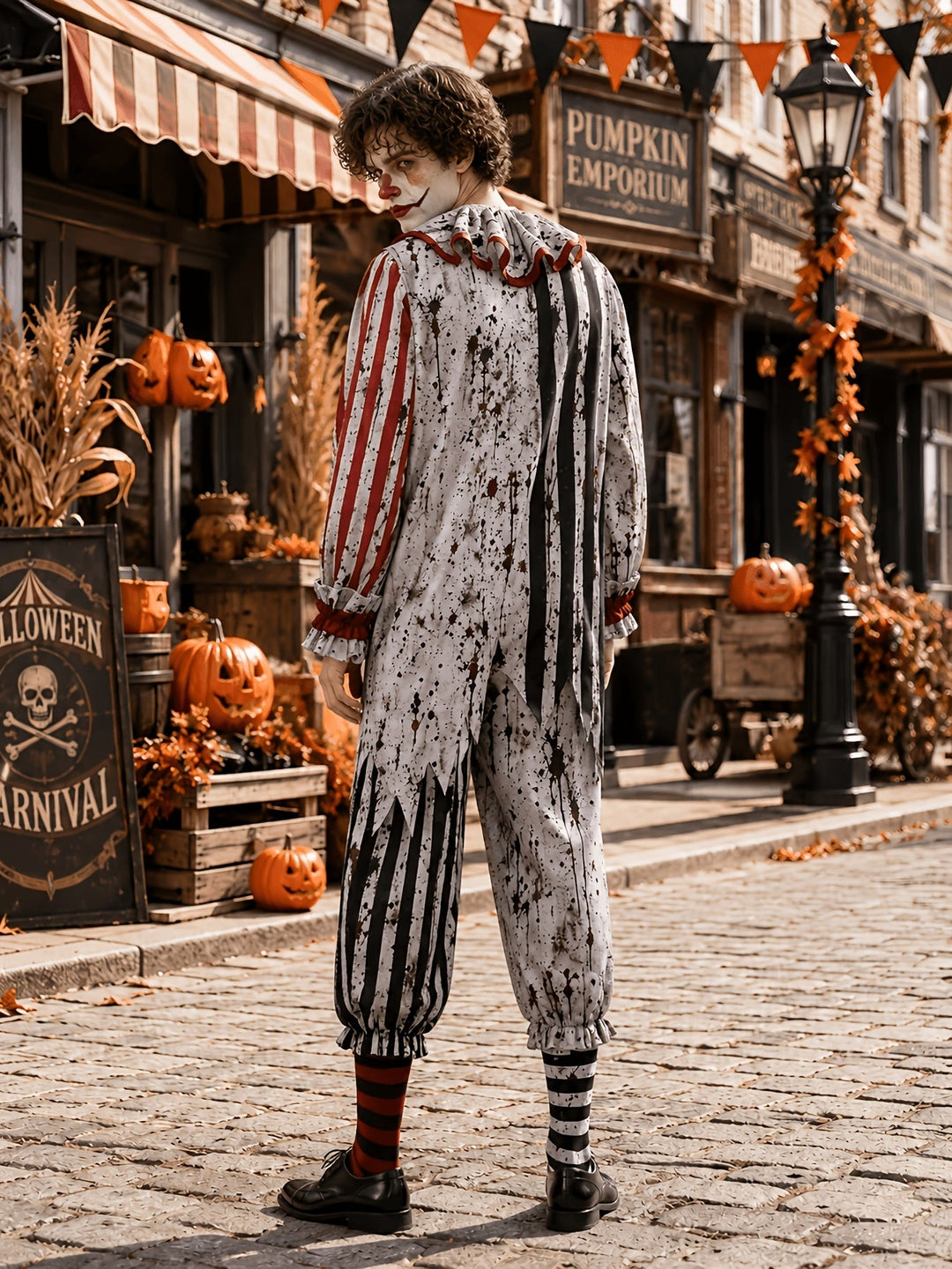 Achteraanzicht van de jumpsuit met bespatte print, gerimpelde kraag en gerafelde zwarte strepen, terwijl het model over zijn schouder kijkt. 3