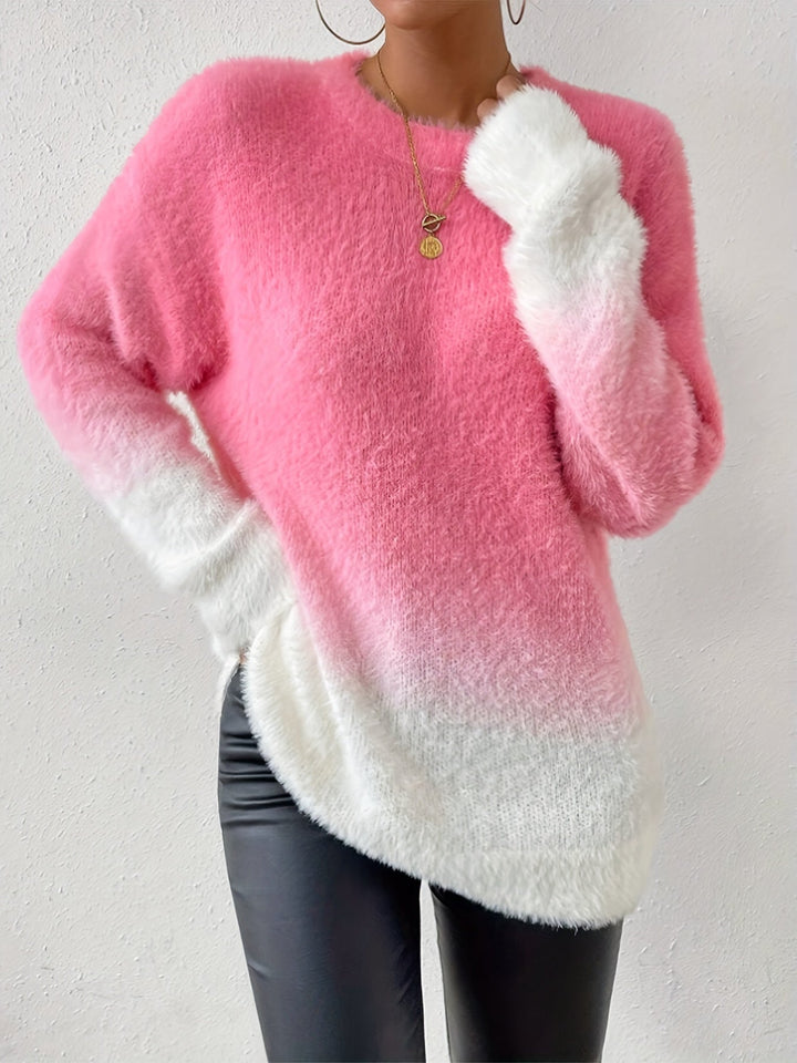 Gradient Color Crew Neck Fuzzy Sweater - Amara