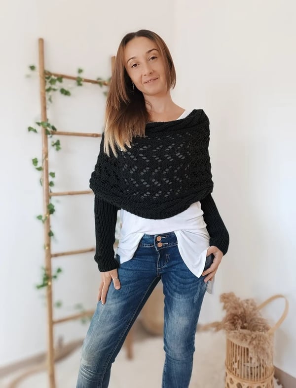 Double Sleeve Wrap Scarf - Cozy Knit Shawl with Built-In Sleeves 1