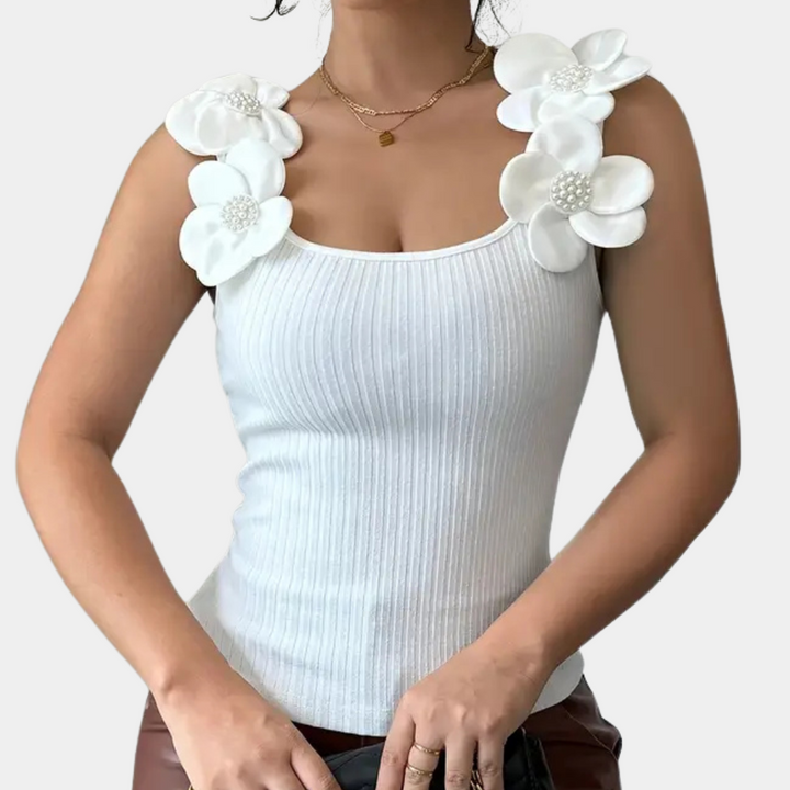 Trendy White Sleeveless Women's Top with Floral Details - Elara