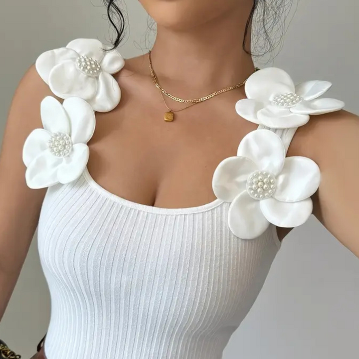 Trendy White Sleeveless Women's Top with Floral Details - Elara