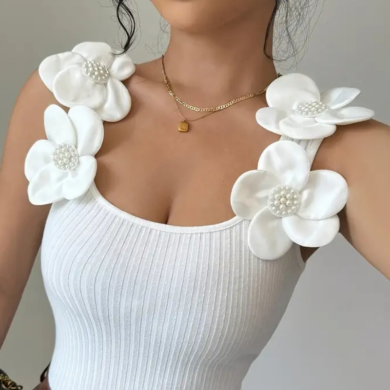 Trendy White Sleeveless Women's Top with Floral Details - Elara