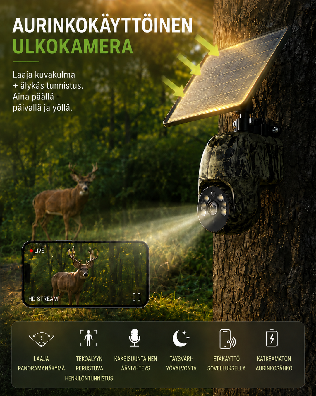 Camera met zonnepaneel aan een boomstam in het bos, een hert in beeld en de livebeelden op een telefoon. 2