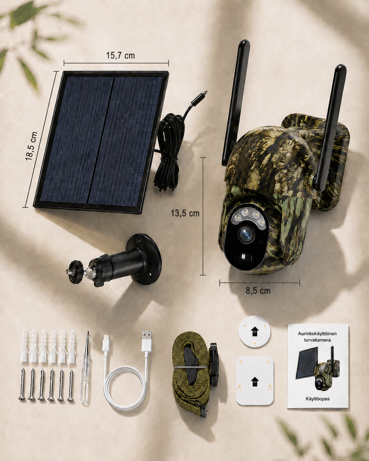 Flat lay van de camera, het zonnepaneel met afmetingen, wandbeugel, schroeven, usb-kabel, bevestigingsband, sjablonen en handleiding. 13