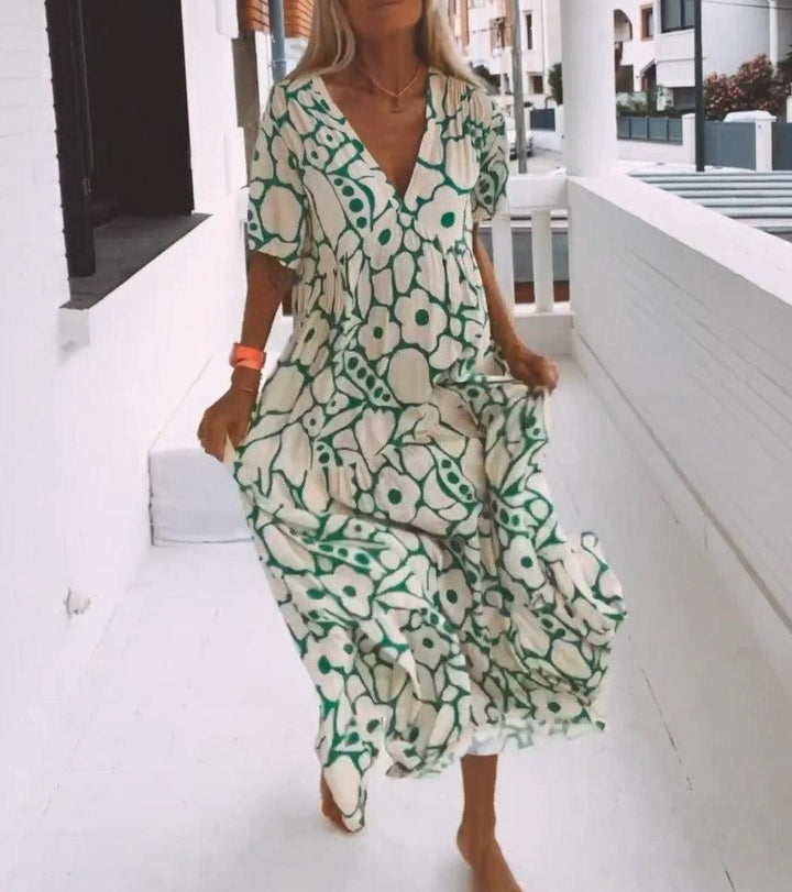 Groene Maxi Jurk met Korte Mouwen en Print – Elisa