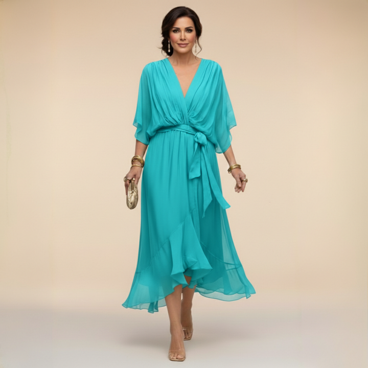 Elegant Flowy Midi Dress for Women – V-Neck & Adjustable Waist 5