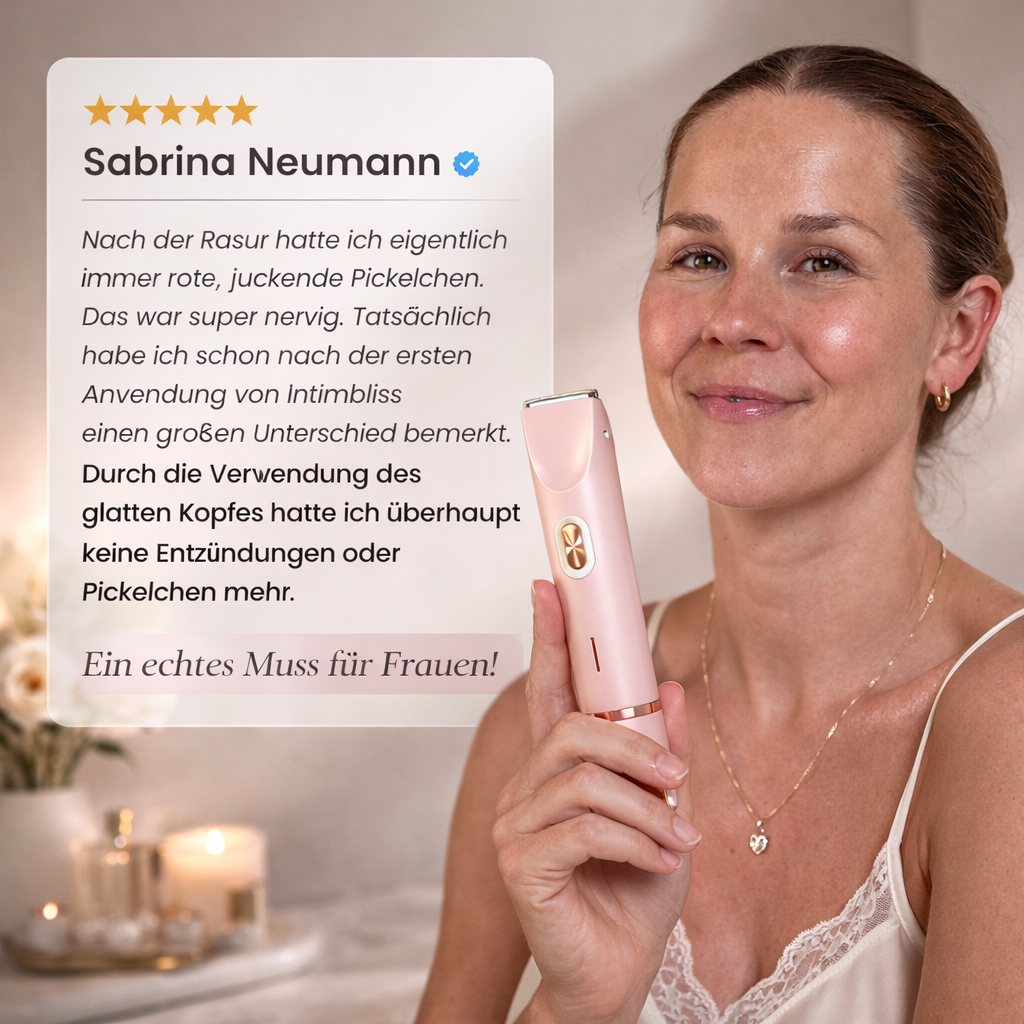 Lachende vrouw met opgestoken haar houdt de roze trimmer omhoog, naast een vijfsterrenreview van een klant. 8