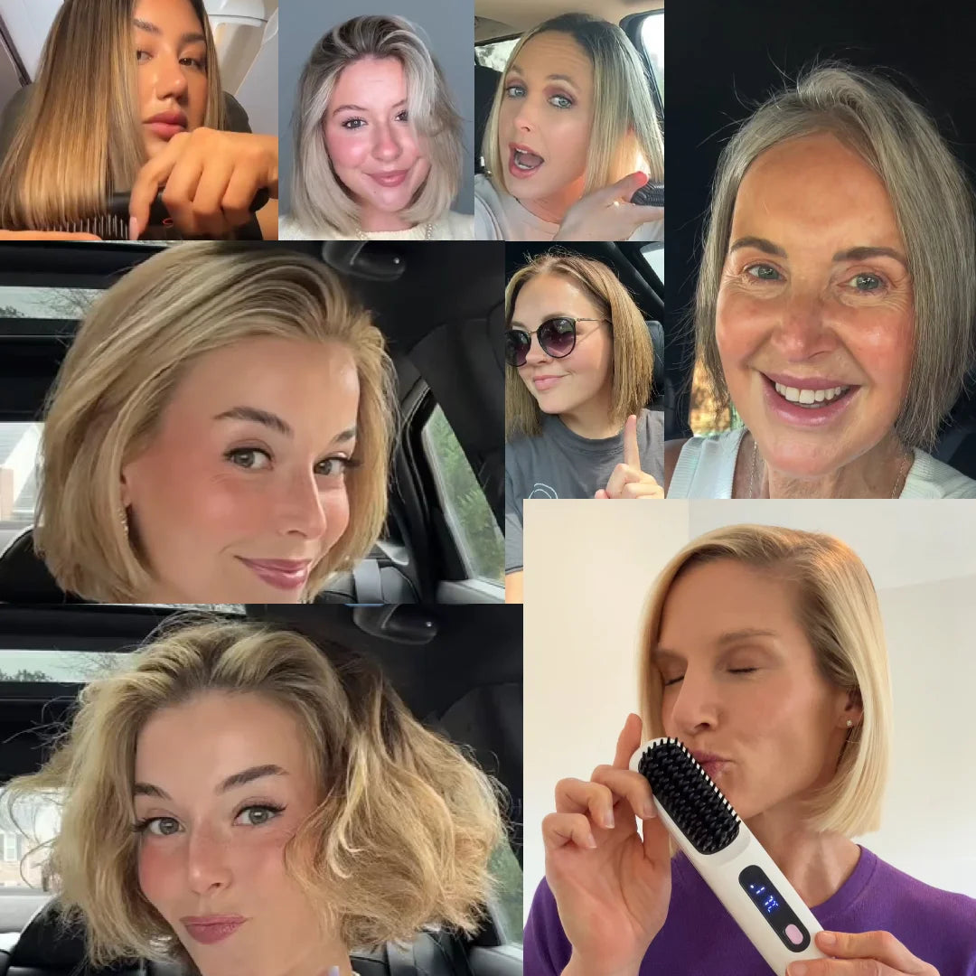 Collage van vrouwen met kort, glad of golvend haar na het stylen, een van hen houdt een witte borstel vast. 3