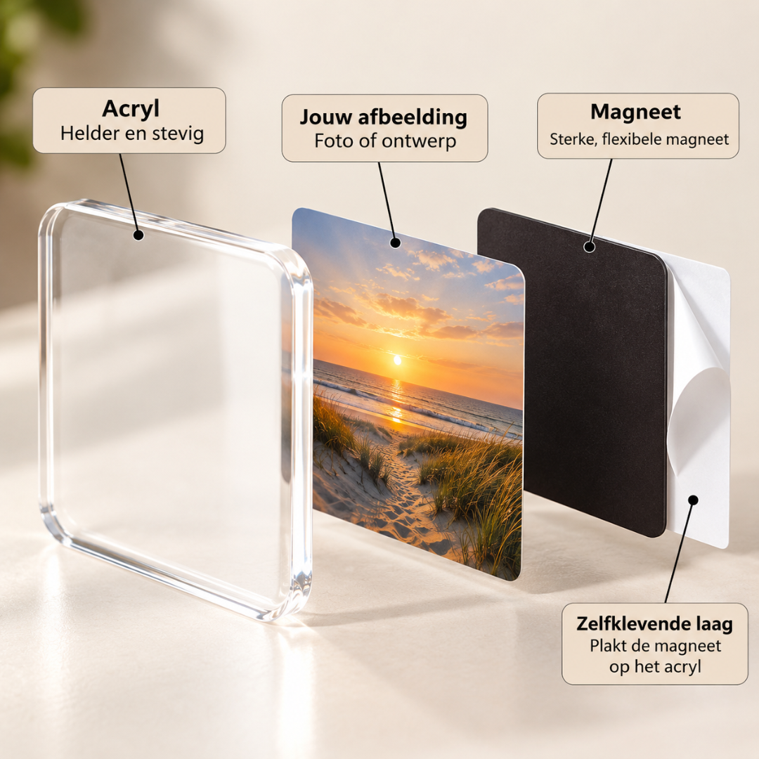 Uit elkaar gehaald vierkant magneetje met helder acryl, een strandfoto, een zwarte magneetlaag en een zelfklevende laag 3
