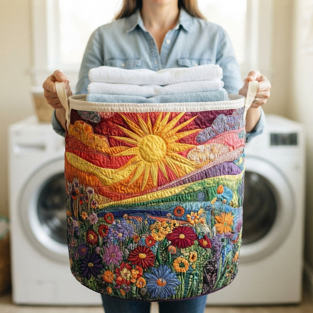 Vrouw in spijkerblouse houdt de mand met beide handen aan de handvatten vast, gevuld met opgevouwen handdoeken voor een wasmachine. 3