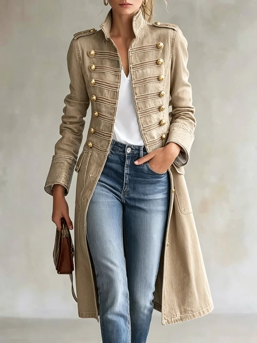Dezelfde jas in beige, gedragen met wit topje, jeans en bruin handtasje, met gouden knopen, galon en opstaande kraag. 8
