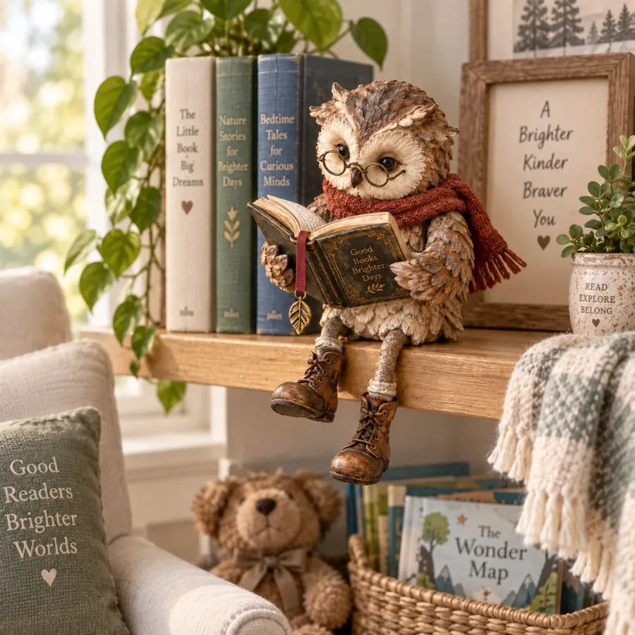 Uilbeeldje zit op een houten wandplank bij een rij boeken, met een teddybeer en een mandje kinderboeken eronder. 9