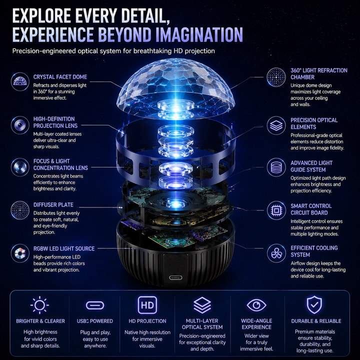 Doorsnede van de projector met kristallen facetkoepel, lenzen, diffuserplaat, ledbron en koeling, met zes kenmerken eronder. 13