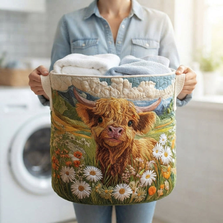 Vrouw in spijkerblouse draagt de mand aan de handgrepen, gevuld met opgevouwen handdoeken, voor een wasmachine. 4
