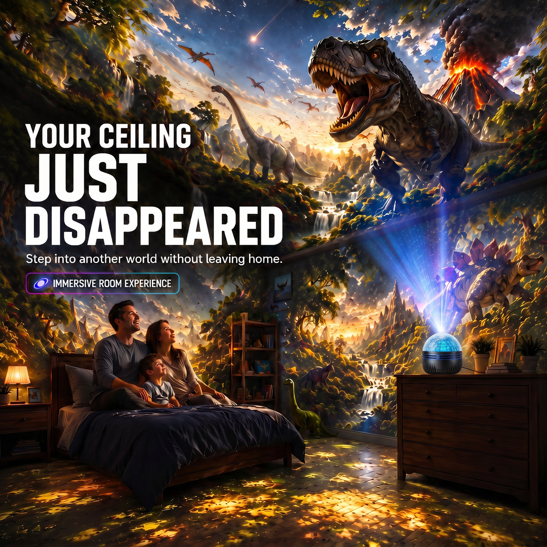 Gezin op bed in een kamer waarvan het plafond verandert in een dinosaurusland met vulkaan, met de projector op een ladekast. 14