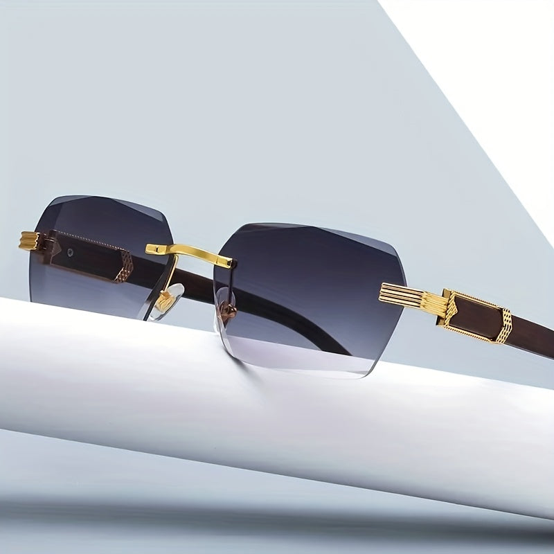Rimless Sunglasses with Rectangular Lenses and Faux Wood Temples – Verro