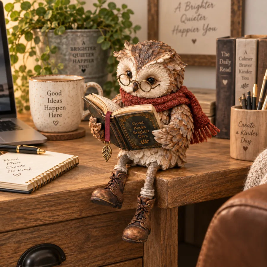 Uilbeeldje met open boek zit op de rand van een houten bureau, naast een notitieboek, pennen en een mok. 2
