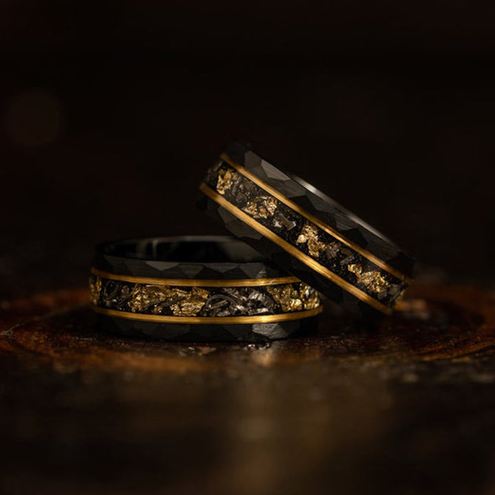 Gouden Blad en Zwarte Meteoriet Wolfram Ring - Orion