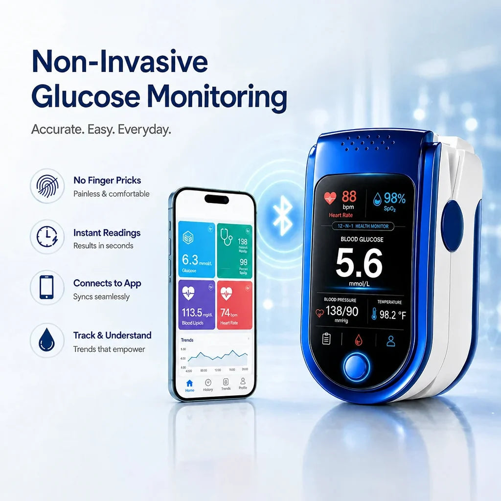 Monitor naast een smartphone met een app die metingen en trends toont, verbonden via een bluetooth-symbool. 9