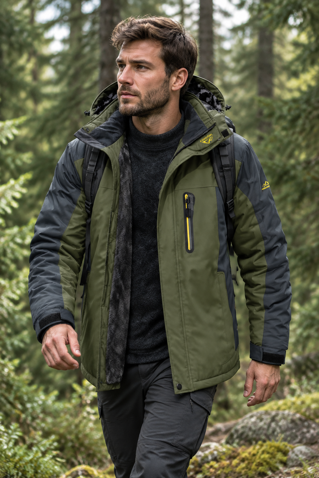 Man loopt in het bos met openstaande olijfgroene jas met grijze mouwen over een zwarte trui 1