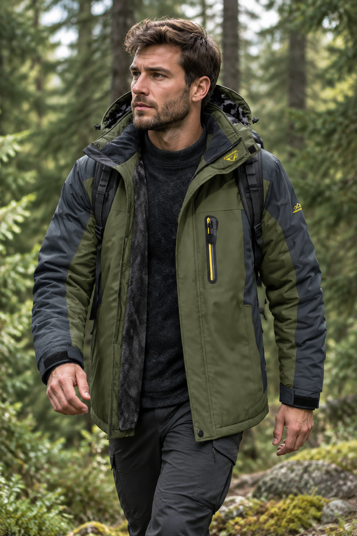 Man loopt in het bos met openstaande olijfgroene jas met grijze mouwen over een zwarte trui 1