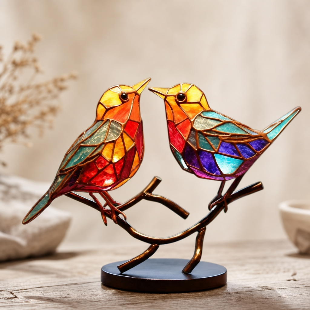 Decoratieve Vogels op Tak – Handgemaakt Beeld – Birdelle