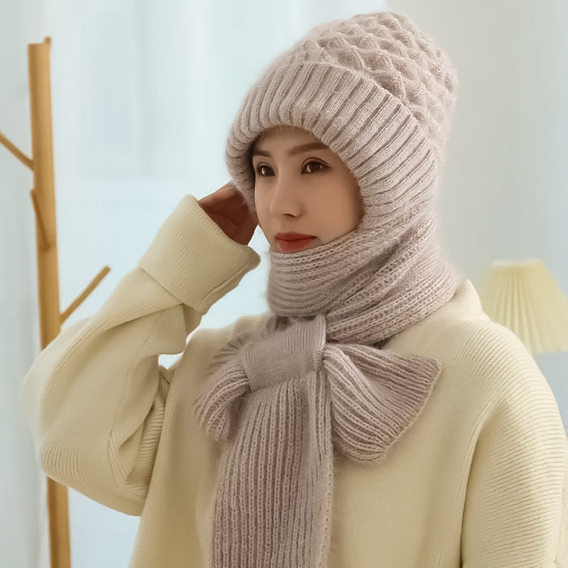 Warm Women's Hat with Integrated Scarf - Nora
