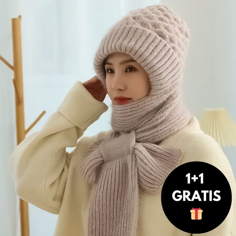 Warm Women's Hat with Integrated Scarf - Nora