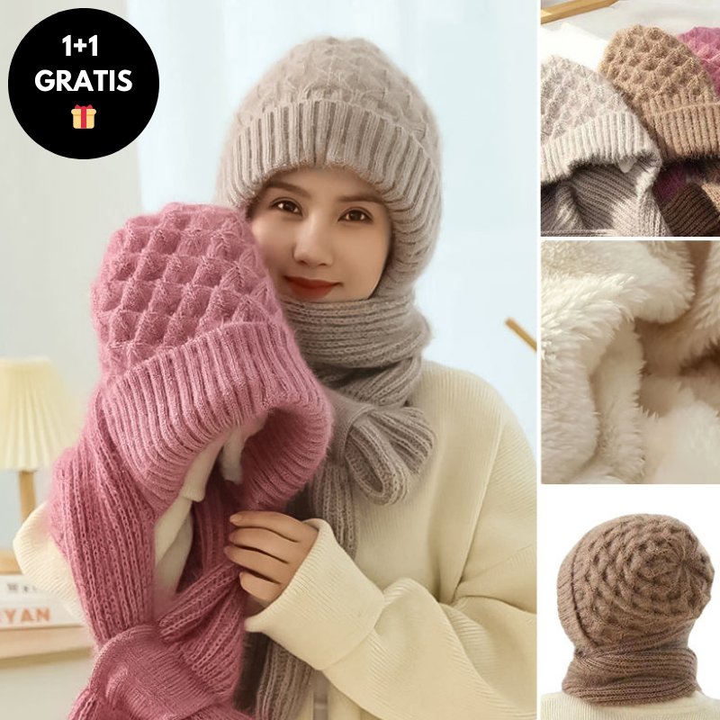 Warm Women's Hat with Integrated Scarf - Nora